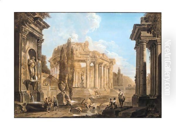 Architectural Landscape With Figures Amongst Classical Ruins Oil Painting by Louis Marin Bonnet