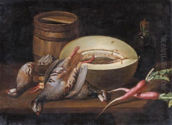 Still Life With A Melon, Radishes, Partridges , A Small Barrel And A Bottle Of Wine On A Wooden Table Oil Painting by Jose Lopez-Enguidanos