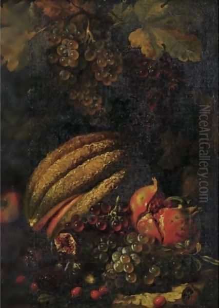 Still Life With Cantaloupe, Grapes, Figs And Pomegranate Oil Painting by Luca Forte