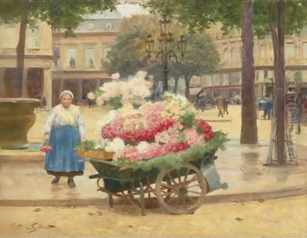 Flower Seller, Place Du Theatre Francais Oil Painting by Victor-Gabriel Gilbert