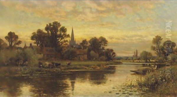 Landscape With Cattle Watering By A Stream Oil Painting by Alfred Glendening