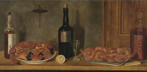 Still Life With A Bottle Of Cognac, Crabs And Prawns Oil Painting by William Aiken Walker