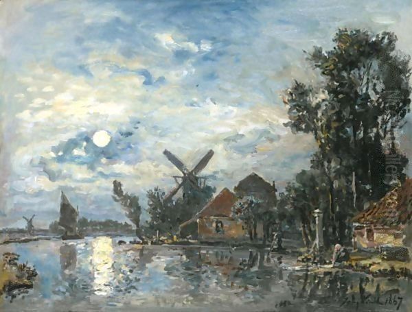 Effet De Lune Sur L'Estuaire Oil Painting by Johan Barthold Jongkind