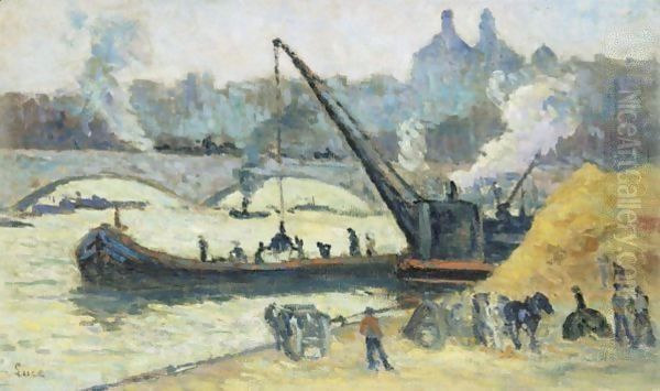 Chalands Sur La Seine Par Temps Gris Oil Painting by Maximilien Luce