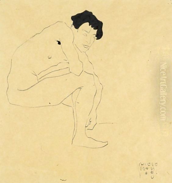 Sitzender Mannlicher Akt (Seated Male Nude) Oil Painting by Egon Schiele