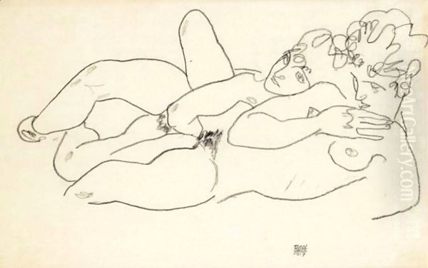 Zwei Liegende Akte (Two Reclining Nudes) Oil Painting by Egon Schiele