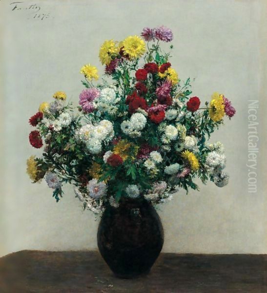 Chrysanthemes Oil Painting by Ignace Henri Jean Fantin-Latour