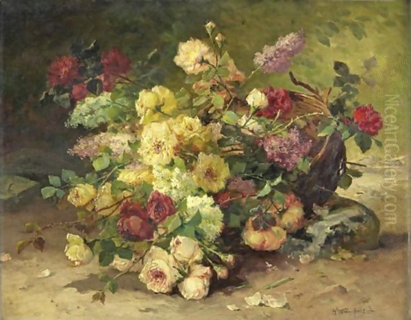 Basket Of Roses And Lilacs Oil Painting by Eugene Henri Cauchois