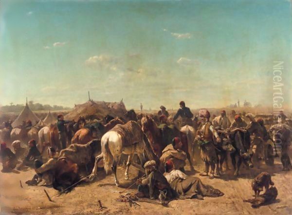 Ottoman Encampment Oil Painting by Adolf Schreyer