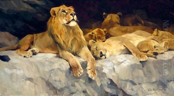 Lowenhohle (The Lion Den) Oil Painting by Wilhelm Kuhnert