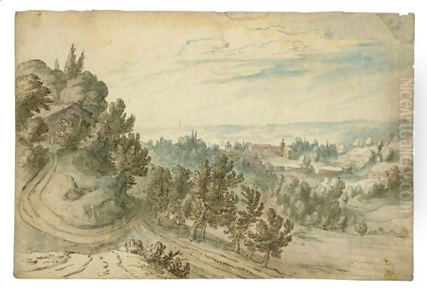 Paesaggio Collinoso Con Case E Convento Oil Painting by Pauwels I van Hillegaert