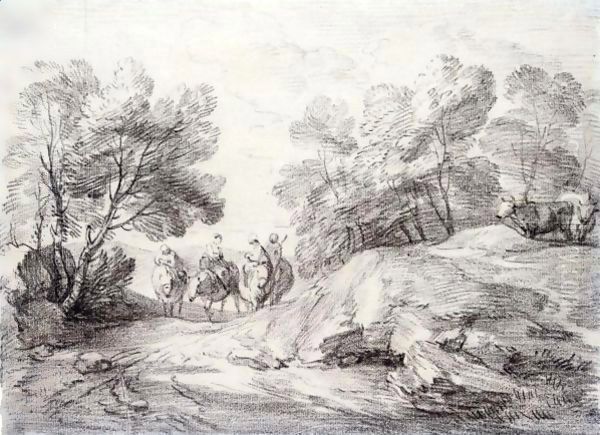 Wooded Landscape With Four Riders And Two Cows Oil Painting by Thomas Gainsborough