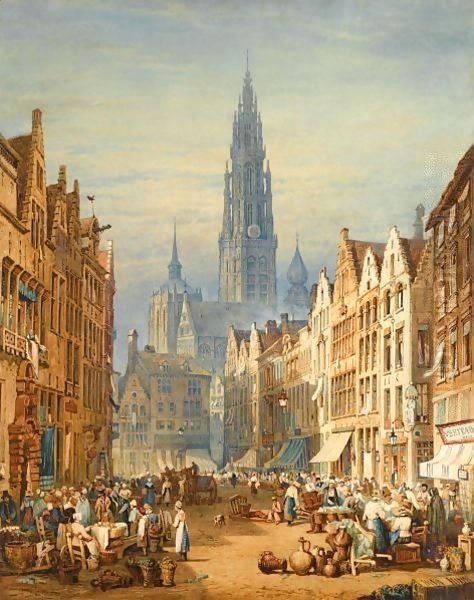 Market Day, Antwerp Oil Painting by Samuel Prout