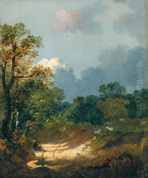 Wooded Landscape With Shepherd Resting By A Sunlit Track And Scattered Sheep Oil Painting by Thomas Gainsborough