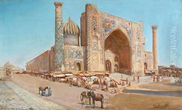 The Shir-Dor Mosque, Samarkand Oil Painting by Richard Karlovich Zommer