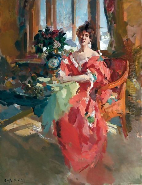 Portrait Of A Lady In A Red Dress Oil Painting by Konstantin Alexeievitch Korovin