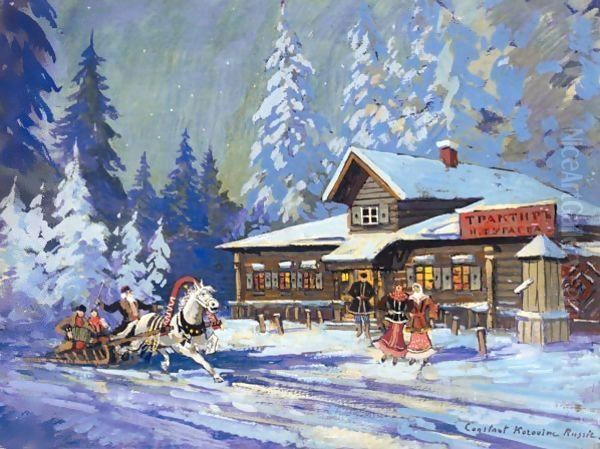 Sleigh Ride Through A Russian Village Oil Painting by Konstantin Alexeievitch Korovin