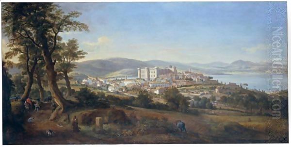 Veduta Di Bracciano, Del Lago E Del Palazzo Odescalchi Oil Painting by Caspar Andriaans Van Wittel