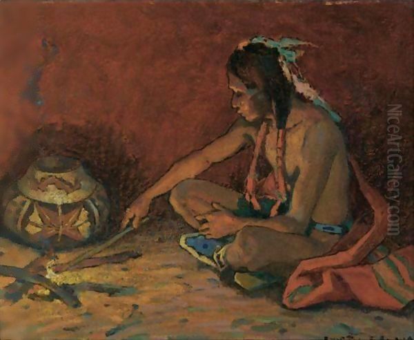 Pueblo Fireside Oil Painting by Eanger Irving Couse