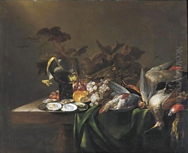 Still Life With Game Birds, A Plate Of Oysters, And Grapes All Resting On A Draped Table Oil Painting by Michiel Simons