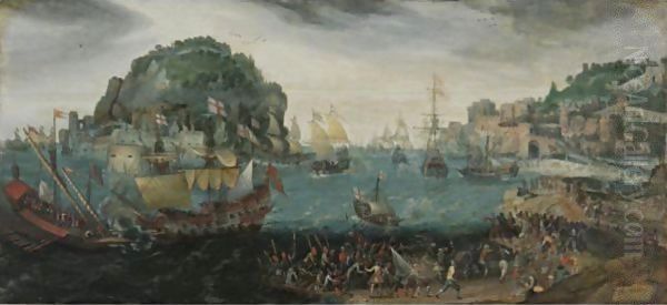 A Rocky Coastal Landscape With A Skirmish Between English Vessels And Galleys Oil Painting by Adam Willaerts