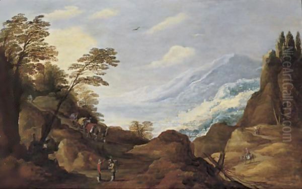 Travellers In A Mountainous Landscape Oil Painting by Joos De Momper