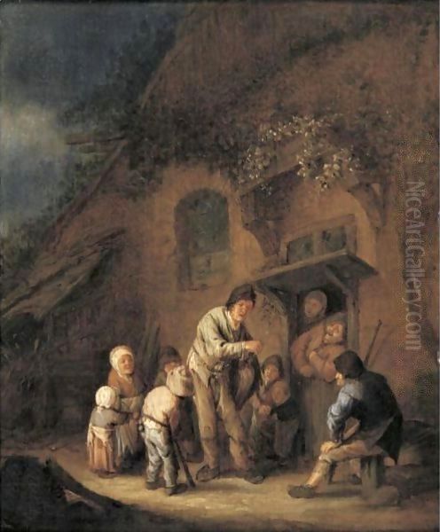 A Hurdy-Gurdy Player Before A Farmhouse Oil Painting by Adriaen Jansz. Van Ostade