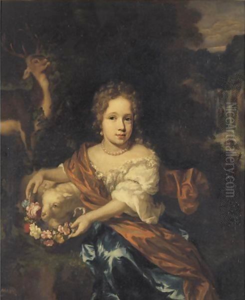 Portrait Of A Young Girl Holding A Garland Of Flowers Oil Painting by Nicolaes Maes