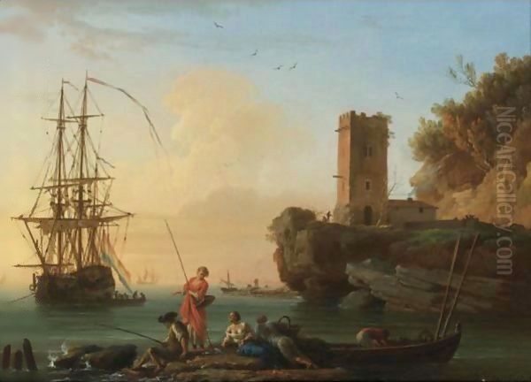 A Coastal Landscape At Dusk With Fishermen And Women In The Foreground, Sailors Disembarking From A Ship Beyond Oil Painting by Claude-joseph Vernet