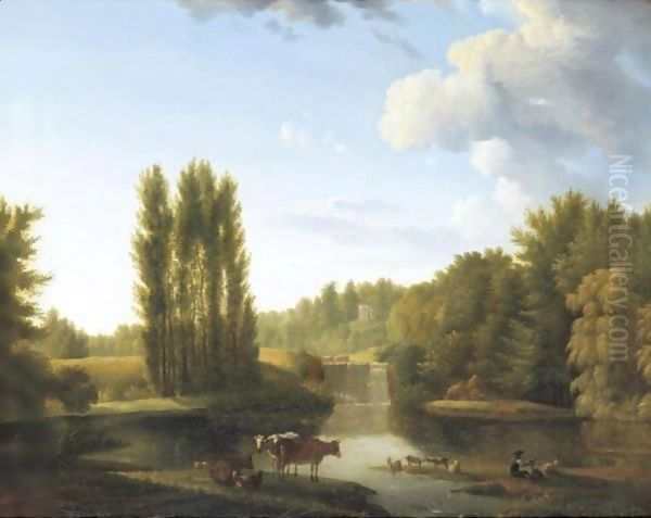 Landscape With A Waterfall Oil Painting by Alexandre-Hyacinthe Dunouy