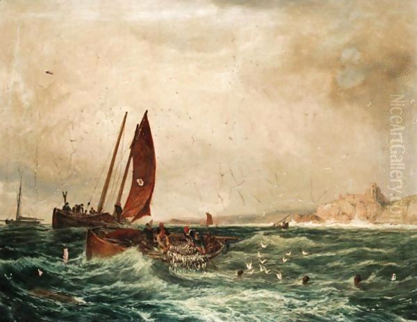 Off Shore From Tantallon Castle, Fishing Boat Lifting Nets Oil Painting by Samuel Bough