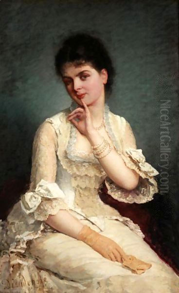 Portrait Of An Elegant Lady In A White Dress Oil Painting by E. Dieudonne