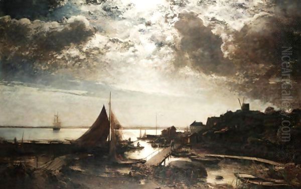 Moonlit Harbour Scene Oil Painting by Alfred Wahlberg