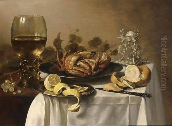 A Still Life With A Roemer, A Crab And A Peeled Lemon On A Pewter Plate Oil Painting by Pieter Claesz.