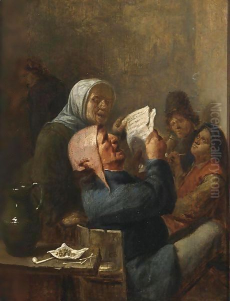 A Man And A Woman Singing In An Inn, Other Peasants Smoking And Drinking Nearby Oil Painting by Joos van Craesbeeck