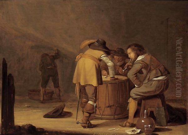 Soldiers In A Guardroom Smoking And Playing Dice On A Drum Oil Painting by Pieter Symonsz. Potter