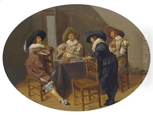 An Elegant Company Smoking And Drinking In An Interior Oil Painting by Dirck Hals