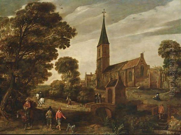 A Wooded Landscape With Figures Near A Church And Two Monks Conversing On A Stone Bridge Oil Painting by Esaias Van De Velde