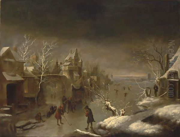 A Winter Landscape With Colf Players On The Ice Near A Town Gate Oil Painting by Claes Molenaar (see Molenaer)