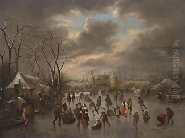 A Winter Landscape With A View Of Haarlem From The North With The Eentjes Or Leidse Waterpoort And The Langebrug, And A View Of The St. Bavo And The Bakenesse Church Beyond Oil Painting by Claes Molenaar (see Molenaer)