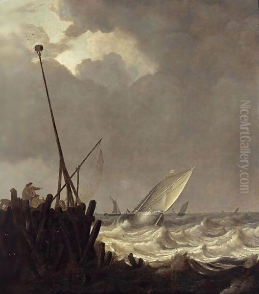 Ships In Stormy Seas With Fishermen Standing At A Jetty Oil Painting by Pieter the Elder Mulier