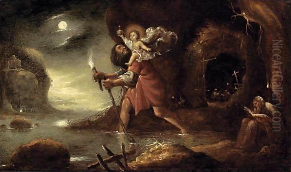 Saint Christopher Carrying Christ On His Shoulders Across The River Oil Painting by Rombout Van Troyen