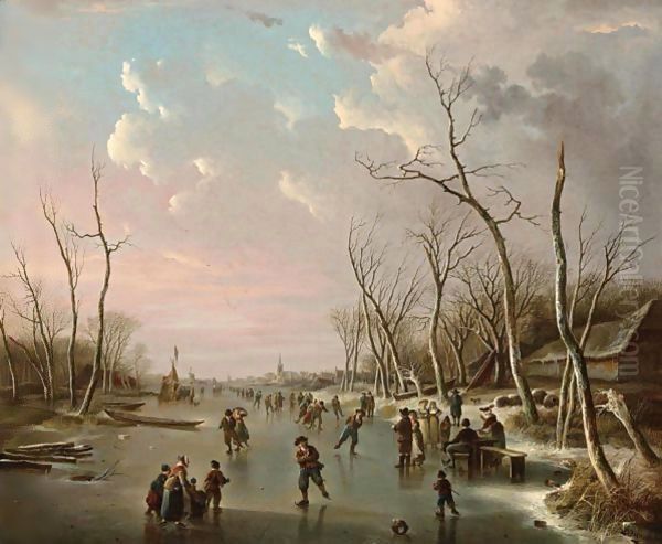 An Extensive Winter Landscape With Skaters On A Frozen River, A View Of A Town Beyond Oil Painting by Andries Vermeulen