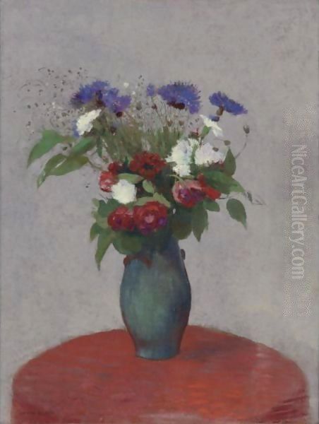 Vase De Fleurs Sur Une Nappe Rouge Oil Painting by Odilon Redon