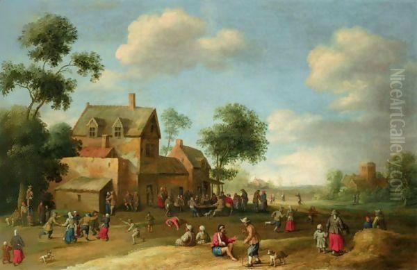 A Village Scene With Figures Dancing And Conversing Oil Painting by Joost Cornelisz. Droochsloot