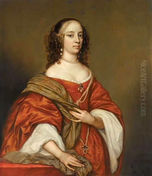 Portrait Of A Lady, Three-Quarter Length, Wearing Pearls And An Orange Dress Oil Painting by Adriaen Hanneman