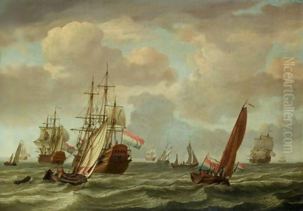 A Dutch Man-O-War And A Two-Decker In A Stiff Breeze Oil Painting by Adam Silo