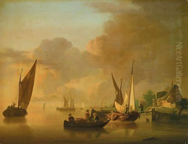 A River Landscape With Smalschips Unloading Their Cargo, Together With A Rowing Boat Oil Painting by Jan van Os