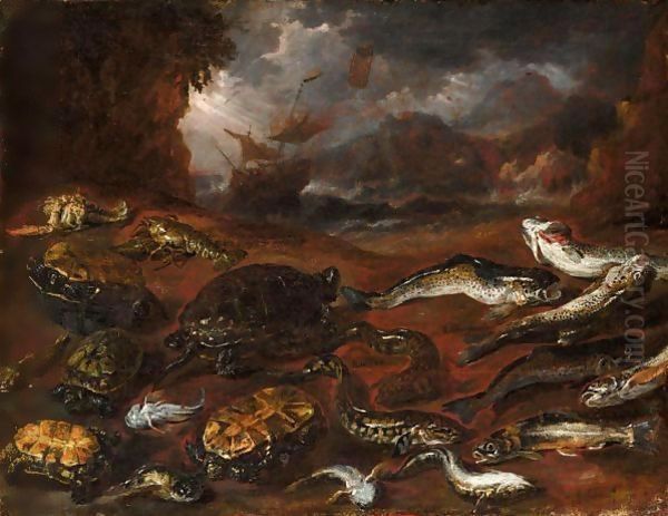 A Still Life Of Fish, Tortoises And Lobster On A Beach, A Stormy Sea Beyond Oil Painting by Peeter Boel