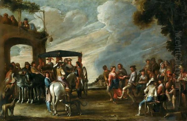 A Landscape With Ladies Descending From A Carriage Before A Tavern, Together With Figures Merrymaking And Dancing Oil Painting by Cornelis de Wael